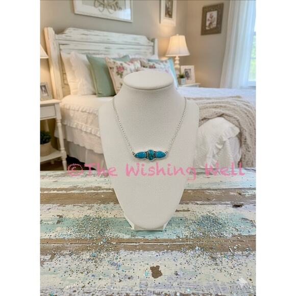 Persian Turquoise Three Stone Oval Pear shape Necklace 16-18” - Picture 4 of 5